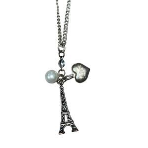 Sterling Silver Eiffel Tower Paris France Necklace Heart Chain Pearl LOVE Heart